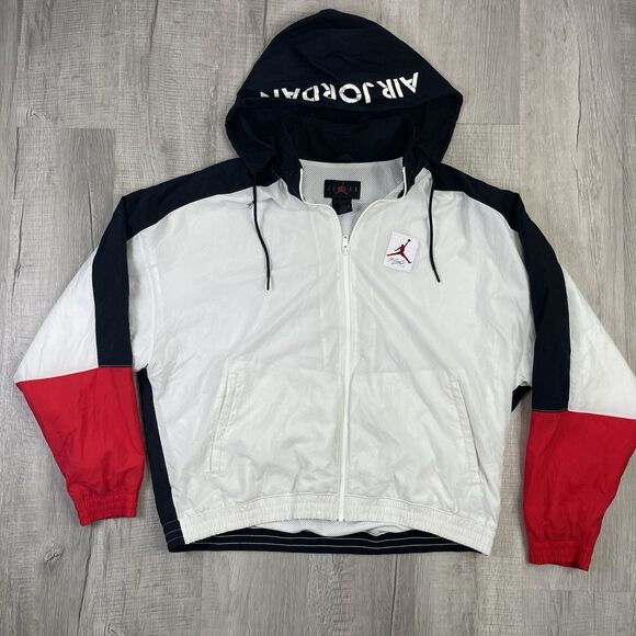 Nike Air Jordan Legacy Flight White Black Red Full Zip Nylon Jacket Loose Mens L - Picture 1 of 11
